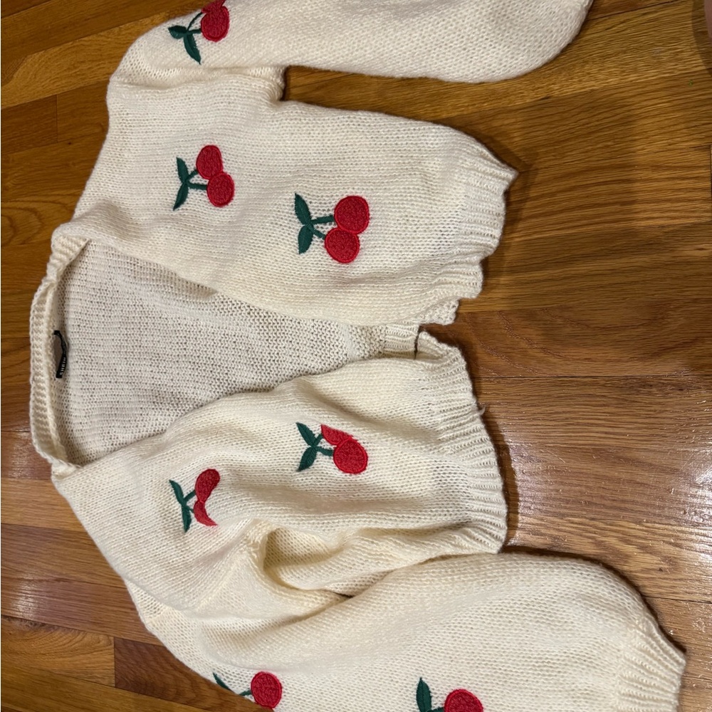 Cream Cardigan with Red Cherry Design